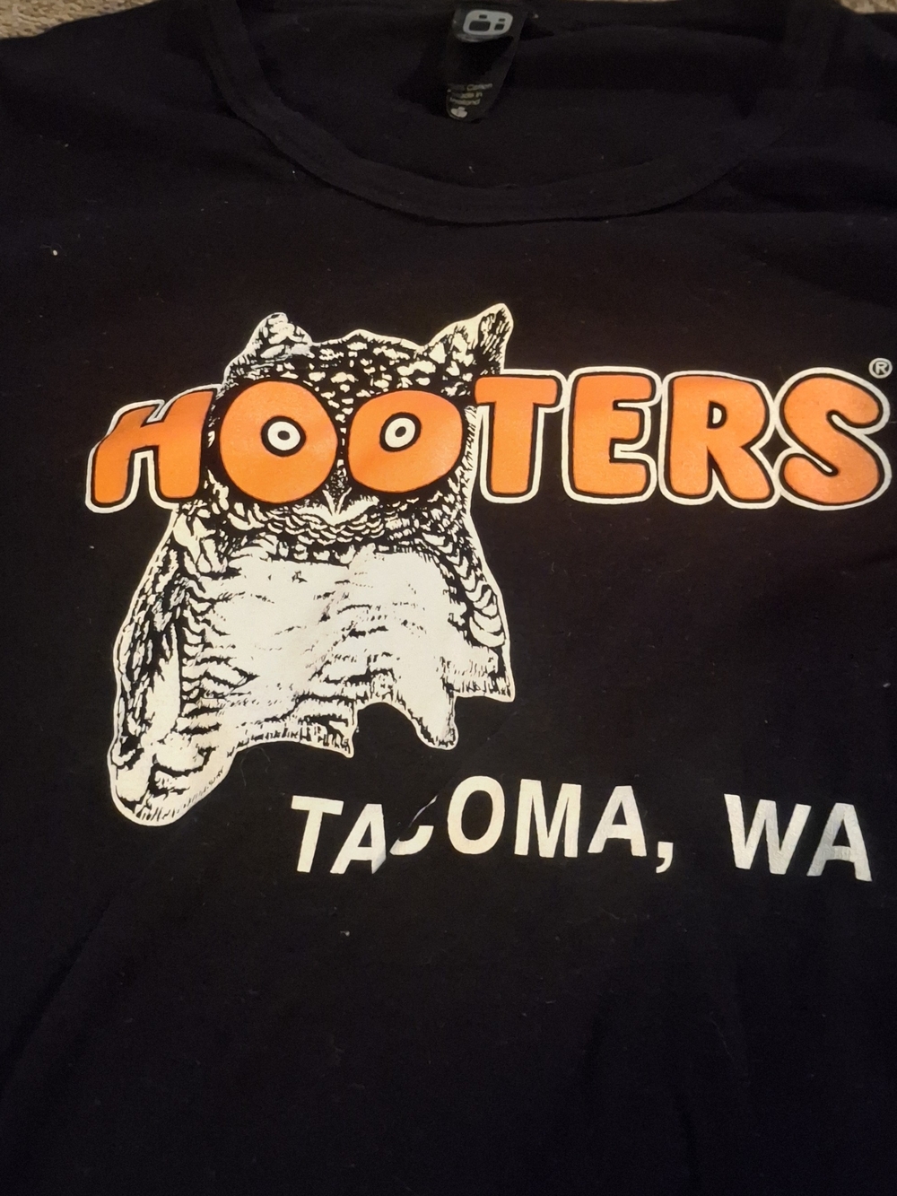 Hooters Tacoma WA Logo Tee - Black with Orange & White Vintage